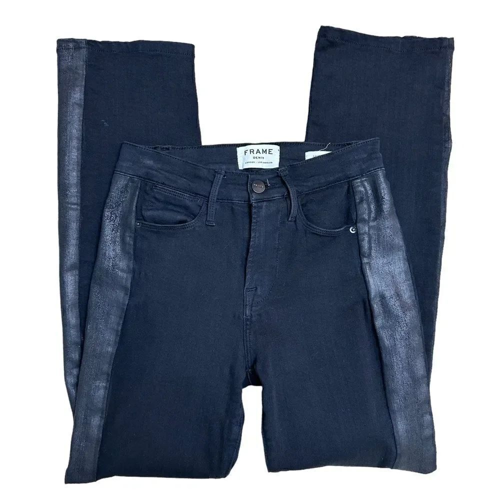 Frame Le High Straight Jeans Black Noir Coated Tux Size 24
